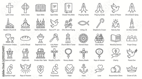 Foto Comprehensive collection of christian religious symbols in a simple thin line vector style
