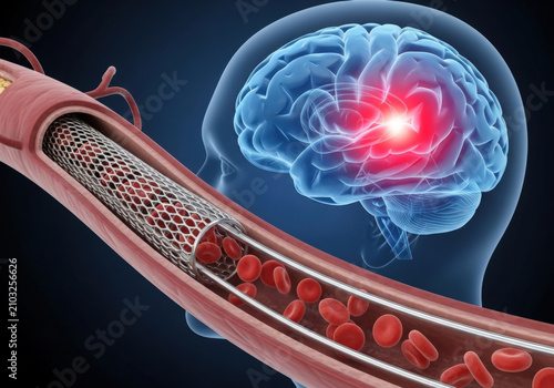 Medical illustration of stent inside human artery clearing blockage near brain scan visualizing stroke treatment cardiology and cardiovascular health.