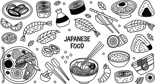 Obraz na płótnie Traditional Japanese cuisine doodle elements collection showcasing sushi rolls r