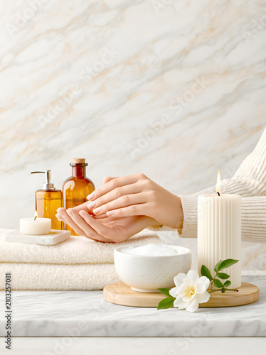 Spa treatment setup for hand care and relaxation with candles and oils on a white marble surface