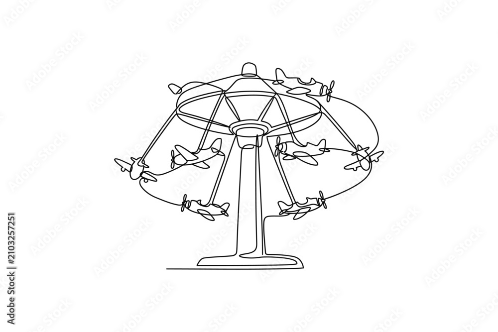 Obraz premium A continuous single line drawing of a vintage airplane amusement park ride.