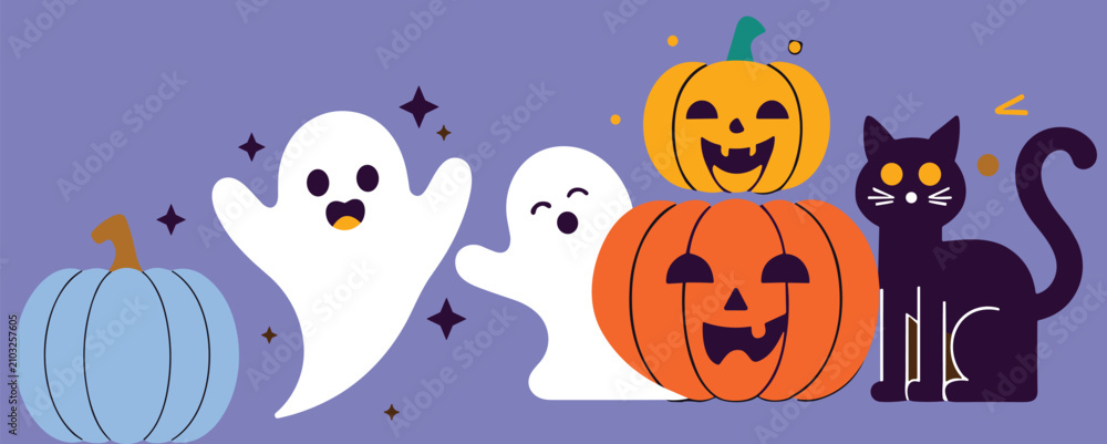 Naklejka premium Cute Halloween Scene with Ghosts Pumpkins Black Cat and Blue Pumpkin Cartoon Characters Vector Illustration