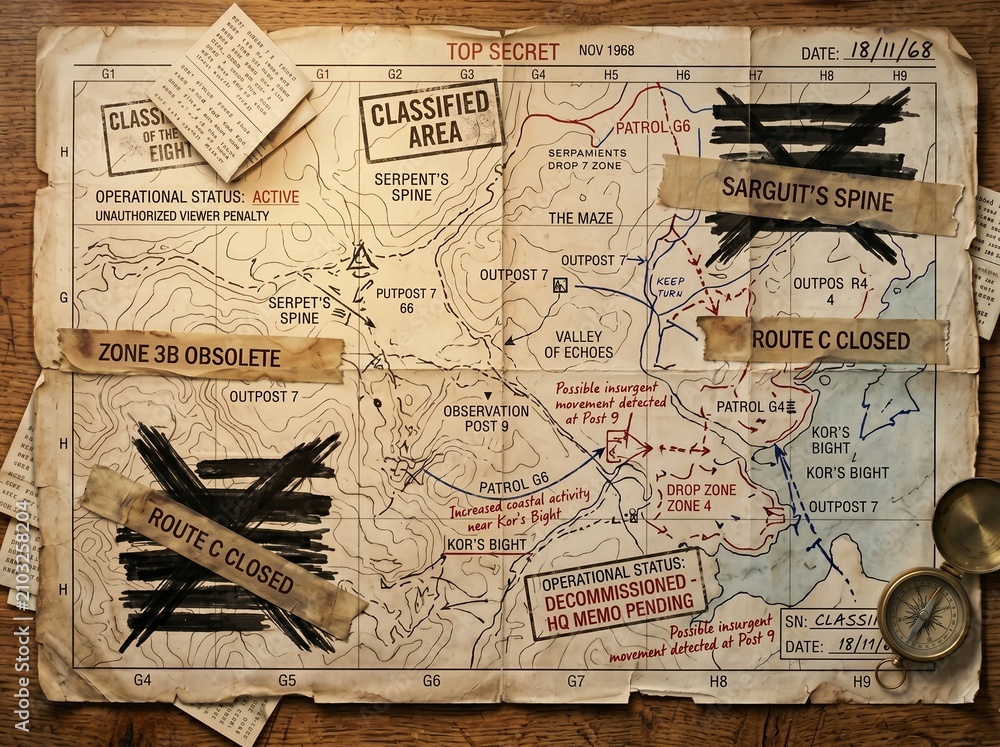 Obraz premium Top Secret Vintage Military Tactical Map with Classified Notes, Compass, and Pen