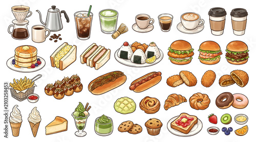 カフェメニューのアイコンコレクション コーヒー、ハンバーガー、スイーツ、軽食 白背景