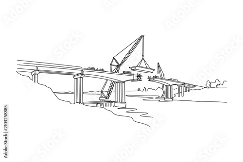 A continuous line drawing of a bridge under construction with a crane.