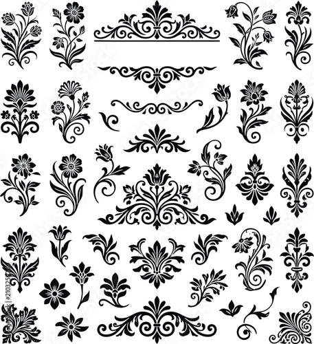Floral ornaments vector set, vintage baroque design elements, decorative flower branches, black filigree scroll vignettes, engraving wedding invitation patterns