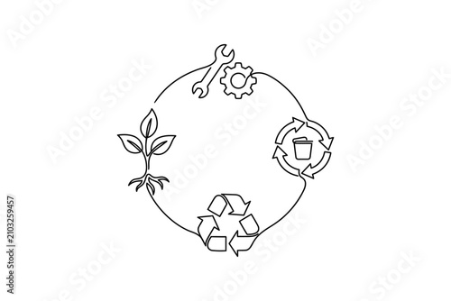 A circular line art illustration featuring icons for sustainability recycling and maintenance.