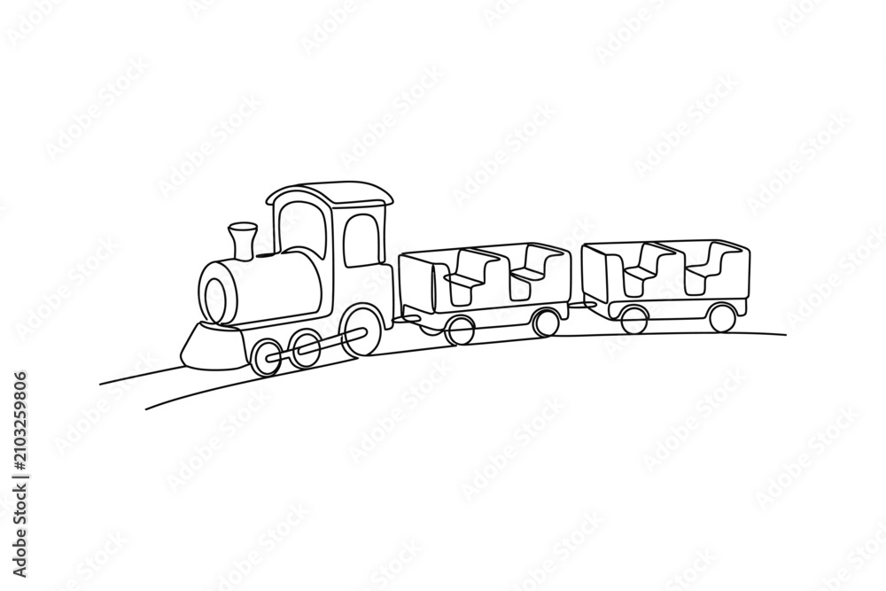 Fototapeta premium A simple black and white line drawing of a toy steam train with two passenger carriages.