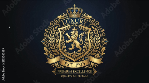 Elegant luxury emblem logo design for premium branding. Minimalist gold monogram crest vector icon with laurel wreath.