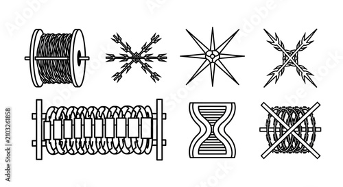 фотографія Barbed wire icons set, sharp metal razor wire elements for security and protecti
