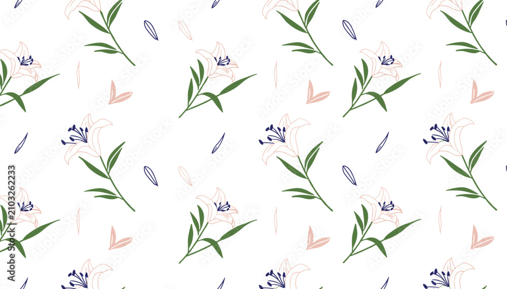 Obraz premium Seamless floral wallpaper pattern featuring delicate white lilies with green leaves and petals scattered on white background.