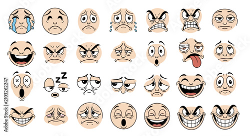 Cartoon emoji face icons set, 28 expressive character avatars with various emotions, hand drawn comic style facial expressions vector
