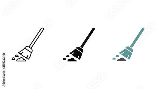 Schilderij op canvas Broom sweeping dust icon set featuring outline solid and flat color styles for c
