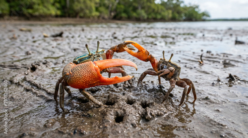 Obraz na plátně Close up of Male fiddler crabs or Ghost crab (Ocypodidae) display the claw and fight to protect their small patch of beach from intruders on the muddy tidal flat, Northern Australia