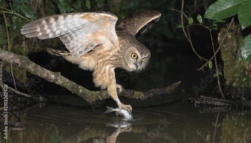 Bild auf Leinwand The buffy fish owl (Ketupa ketupu) or Malay fish owl hunting fish at night in tropical forests and wetlands, Parit Java, Muar, Malaysia