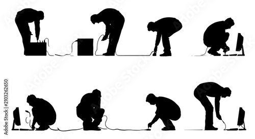 Fotografía Silhouette Set: Technician Connecting Equipment, Stage Lighting Setup, Electrica