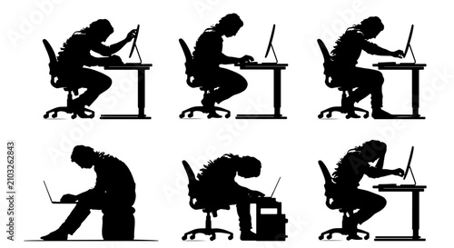 Foto Poor Posture Silhouettes: Ergonomic Mistakes at Desk, Office Worker Bad Sitting