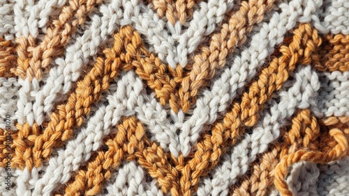 Photos Knitted chevron zigzag fabric close up beige golden brown yarn textured craftsma