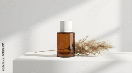 Amber glass perfume bottle with white cap and dried pampas grass on white pedestal
