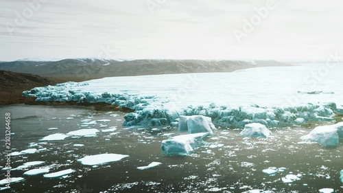 Large icebergs drift in dark water with a distant shoreline visible. The scene shows a vast landscape with mountains in the background and a cloudy sky above.