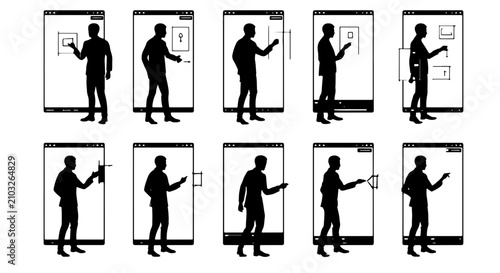 Fotografie Interactive Display Silhouettes, Touchscreen Interaction Icons, Digital Screen G