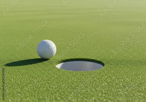 White golf ball resting on vibrant green grass putting surface right beside perfectly round hole ready for final putt on professional course.