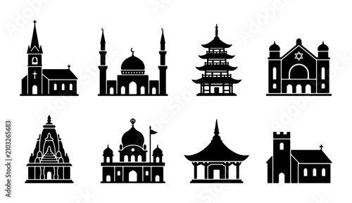 Schilderij op canvas Diverse Religious Buildings Collection, Spiritual Architecture Icons, Worship Pl