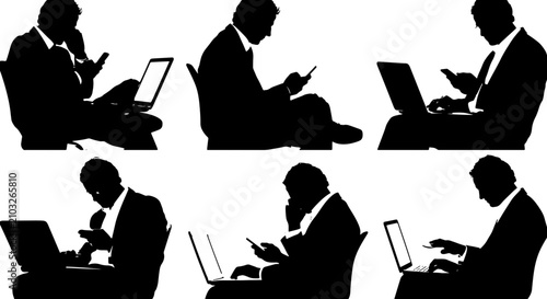 Business Professionals Silhouettes, Diverse Poses with Laptops and Smartphones, Modern Corporate Lifestyle Vector Set
