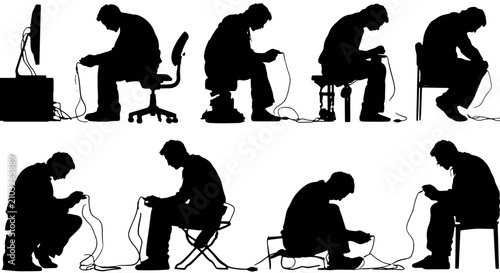 Fotografie Gamer Silhouettes Collection: Diverse Poses of Men Playing Video Games, Sitting,