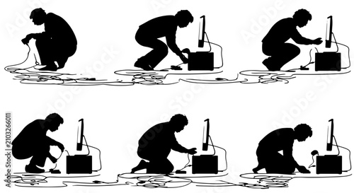 Cuadro en lienzo Worker Setting Up Equipment, Industrial Process Sequence, Silhouette of Manual L