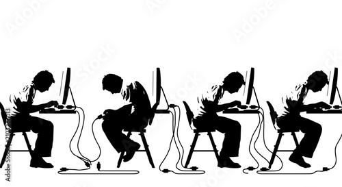Foto Silhouette of people hunched over computers, illustrating poor posture and digit