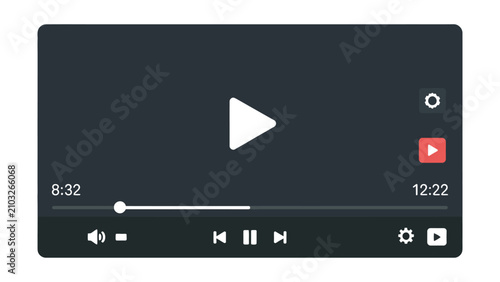 Video player UI template with transparent screen, play button, playback controls, timeline slider, volume, settings and full screen icons for streaming app UI vector design