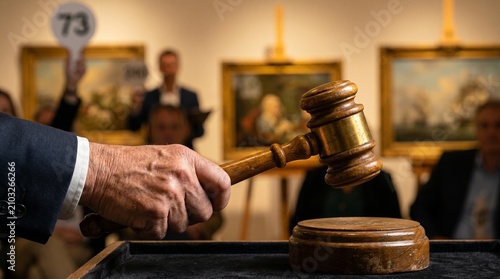 Konstfotografi Close up of an auctioneer's hand holding a wooden gavel over a sound block with