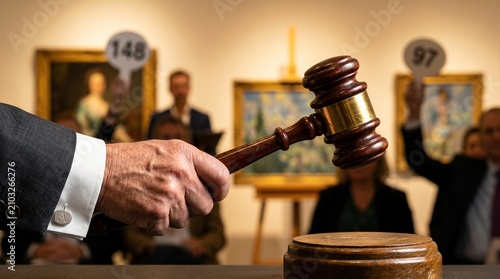 Photography Close up of an auctioneer's hand holding a wooden gavel over a sound block with