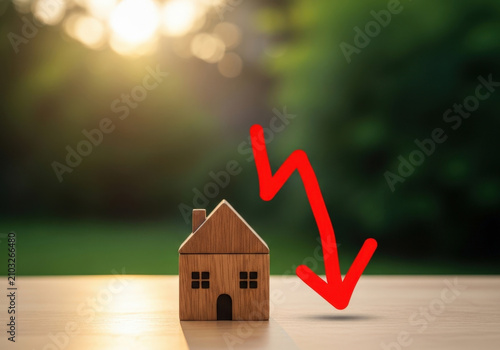 Wooden house model with downward red arrow symbolizing market decline property value drop mortgage crisis real estate investment loss concept.