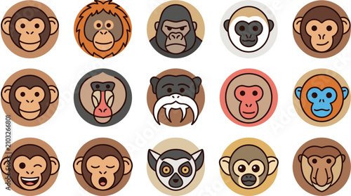 Konstfotografi Primate Face Avatar Icons Set with Orangutan Gorilla Mandrill Lemur and Baboon C