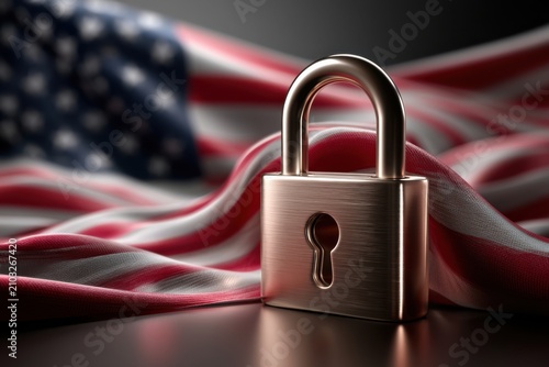 Metal lock positioned before the United States flag, illustrating cyber protection, encrypted data, secure communication, national security, and information privacy.