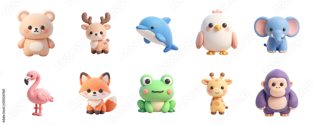 Obraz premium Set of cute 3D cartoon animal character icons isolated on transparent background, illustration