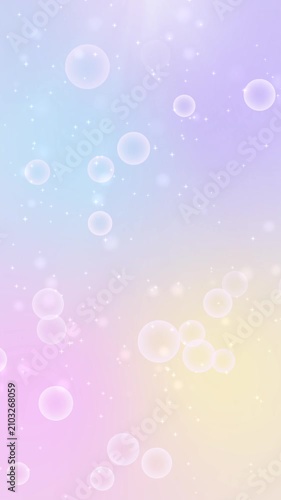 Vertical seamless loop pastel rainbow gradient background with floating bubbles and sparkling particles