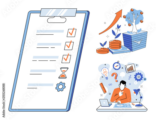 Clipboard with checklist and business icons vector illustration. Project management, financial growth, task organization, strategic planning, workflow efficiency, professional development. Document