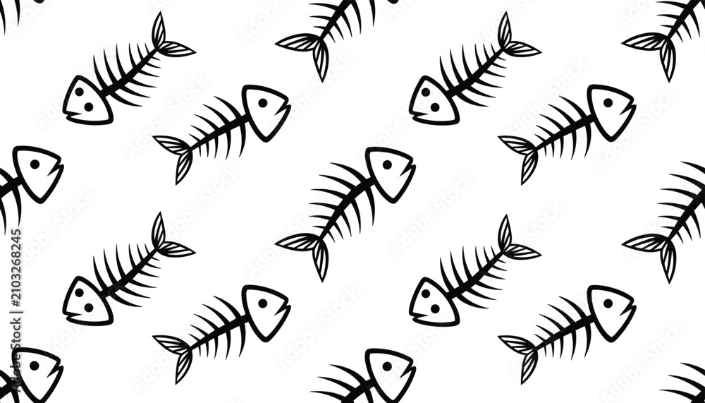 Naklejka premium Fish skeleton seamless pattern, hand drawn doodle style black fish bones on white background vector illustration.