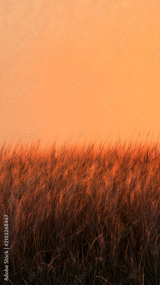 Fototapeta premium Dark Grass Field Beneath a Warm Orange Sky with Copy Space