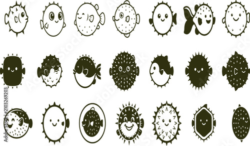 Quadro em tela Set of cute puffer fish character icons with blowfish character underwater wildl