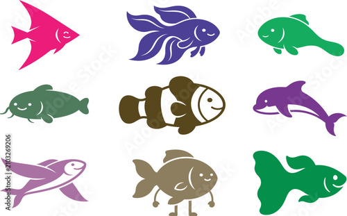 Quadro su tela Colorful cartoon fish species icons collection with colorful tropical wildlife i