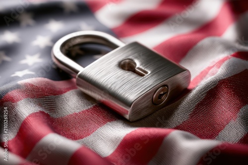 Metal security padlock on the American flag representing protection, cybersecurity, encrypted access, privacy, national resilience and secure information systems in the United States.