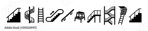 Various stairs ladders escalators handrails steps icons representing different types of vertical access and movement systems in a comprehensive collection of black silhouettes.