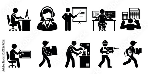Various stick figures representing different professional occupations and workers performing their daily tasks in business and service industries.