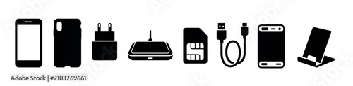Collection of mobile phone accessories including smartphone, charger, wireless pad, SIM card, USB cable, power bank, and stand icons.