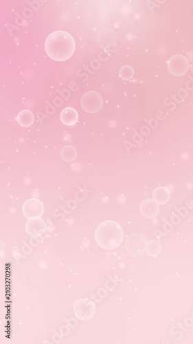 Vertical seamless loop soft pink background with floating bubbles and sparkling particles