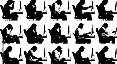 Tableau sur toile Silhouette Poses of Frustrated Person at Computer, Stressful Workday Icons, Over